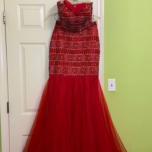 Red Beaded/Rhinestone 2-piece Prom Dress